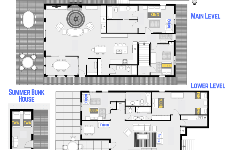 Red Pine's floor plan showing two levels, four bedrooms plus bunkhouse and four bathrooms.
