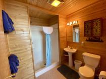 Bathroom with an easy access sink and shower stall.