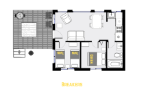 Breaker's floor plan showing one level, two bedrooms, and one bathroom.