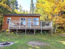 Lakeview cabin's exterior with driveway and firepit.