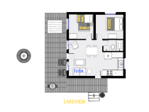 Lakeview's floor plan showing one level, two bedrooms, and one bathroom.