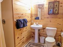Main floor bathroom with a wide door and easy access shower and sink.