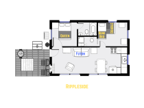 Rippleside's floor plan showing one level, two bedrooms, and two bathrooms.
