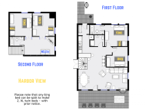 Harbor View's floor plan showing two levels, four bedrooms, and three bathrooms.