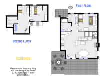 Moorings' floor plan showing two levels, two bedrooms plus loft bedroom, and two bathrooms.
